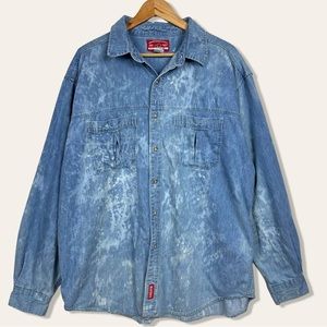 Marlboro Vintage 90s Bleach Tie Dye Denim Button Down Long Sleeve Shirt Shacket